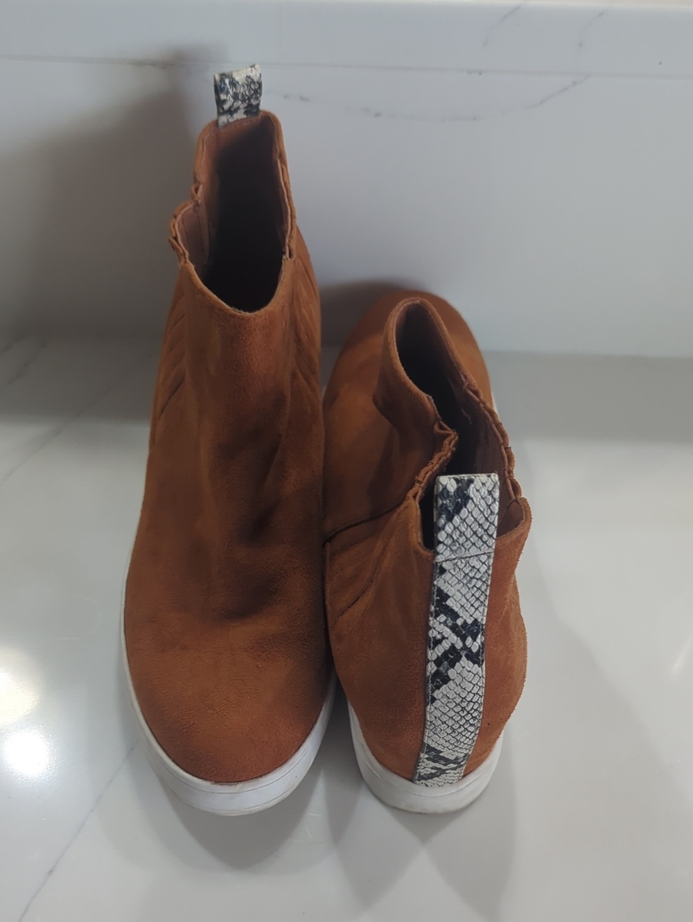 Women's Tan Heeled Sneaker with Snake-print Detail